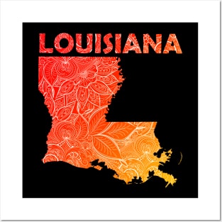 Colorful mandala art map of Louisiana with text in red and orange Posters and Art